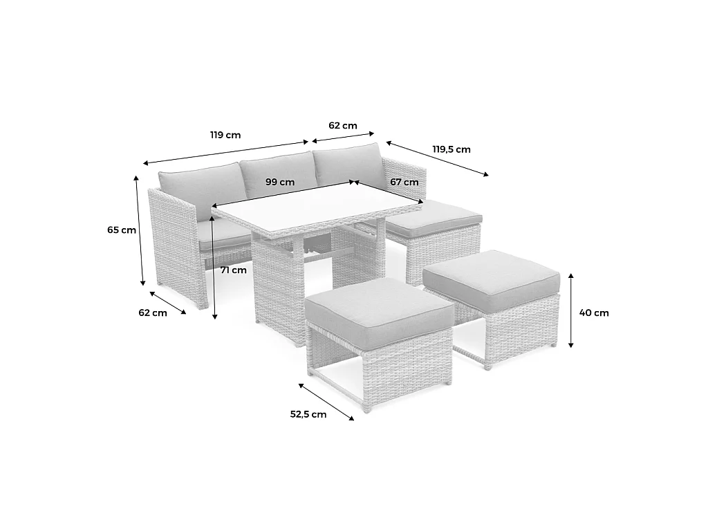 Set tavolo da giardino con pouf a incasso, rattan, 6 posti, marrone