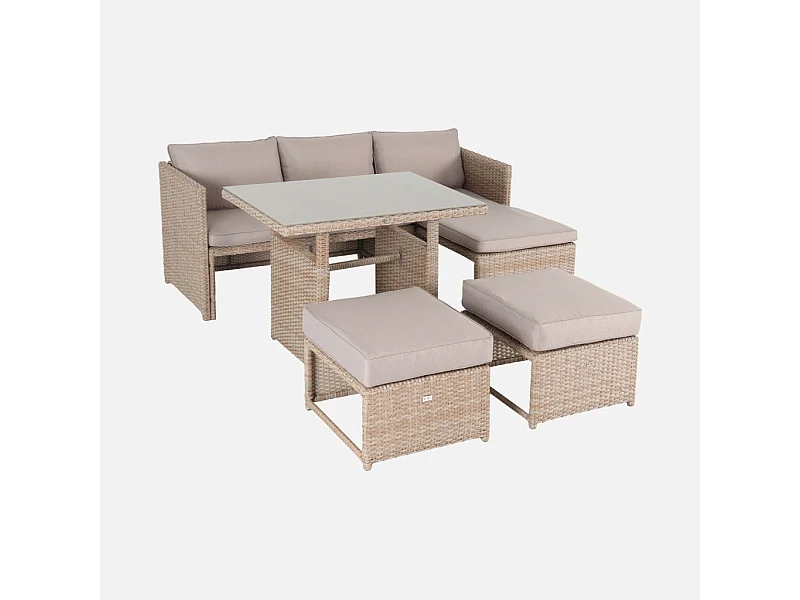 Set tavolo da giardino con pouf a incasso, rattan, 6 posti, marrone