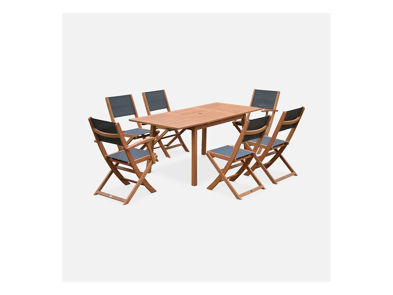 Salon de jardin en bois extensible - Almeria - Table 120/180cm avec rallonge. 2 fauteuils et 4 chaises. en bois d'Eucalyptus huilé et textilène anthracite