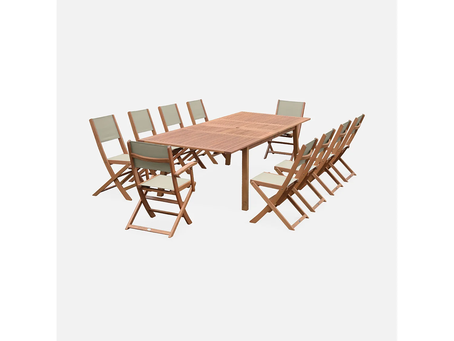 Set tavolo da giardino allungabile in legno con 10 sedie, marrone