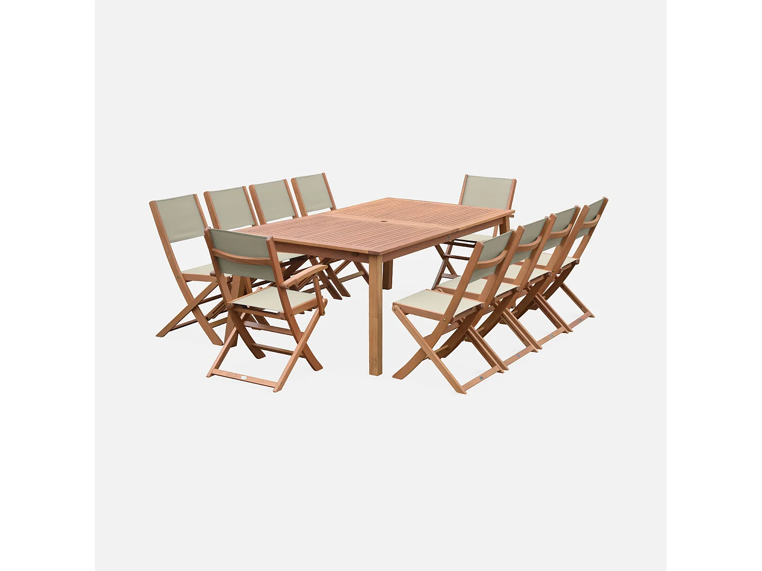 Set tavolo da giardino allungabile in legno con 10 sedie, marrone