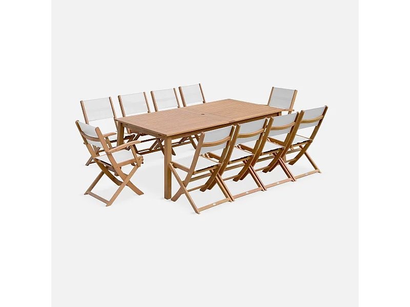 Mesa de jardín extensible de madera + 10 sillas madera