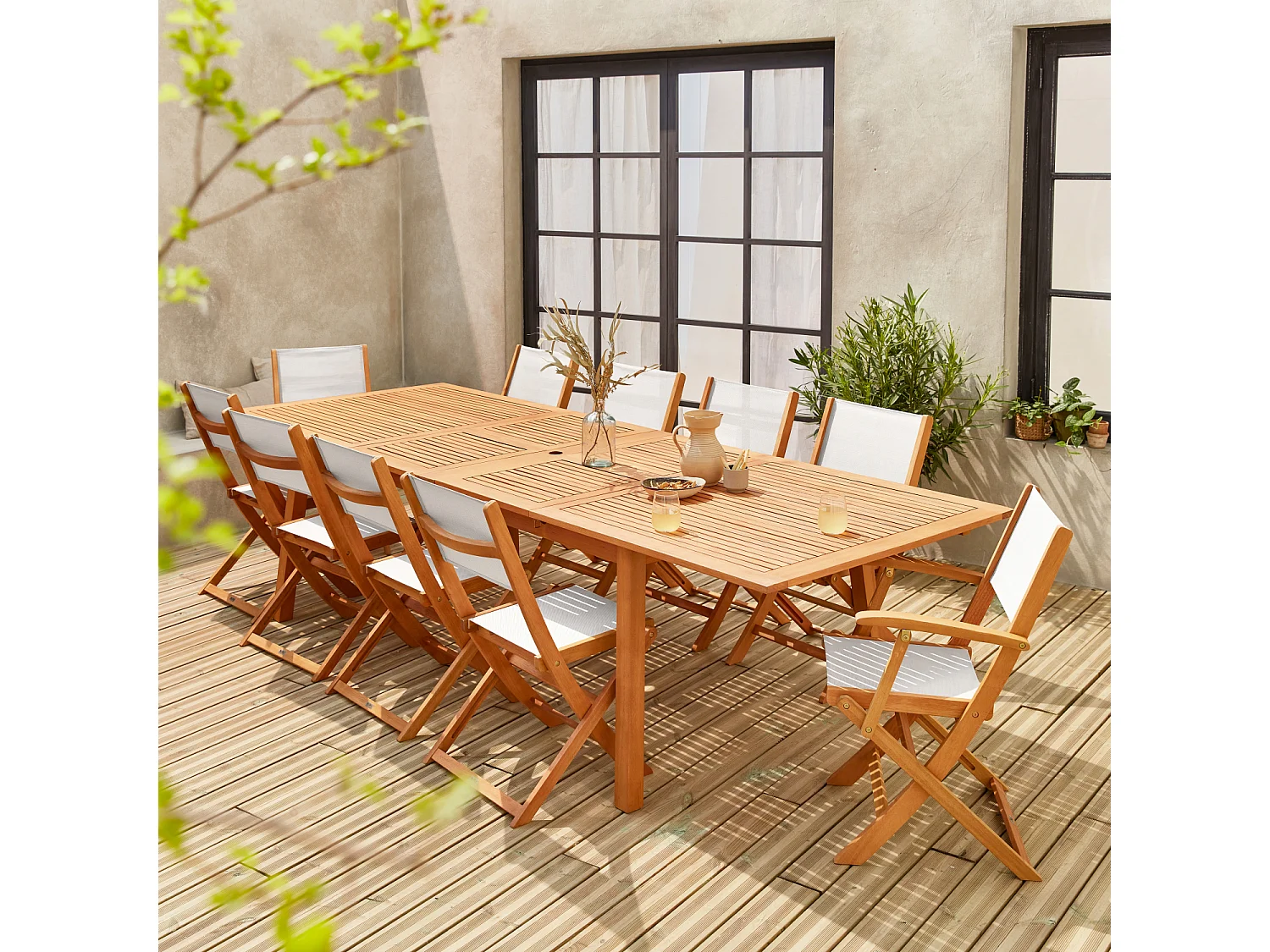Mesa de jardín extensible de madera + 10 sillas madera