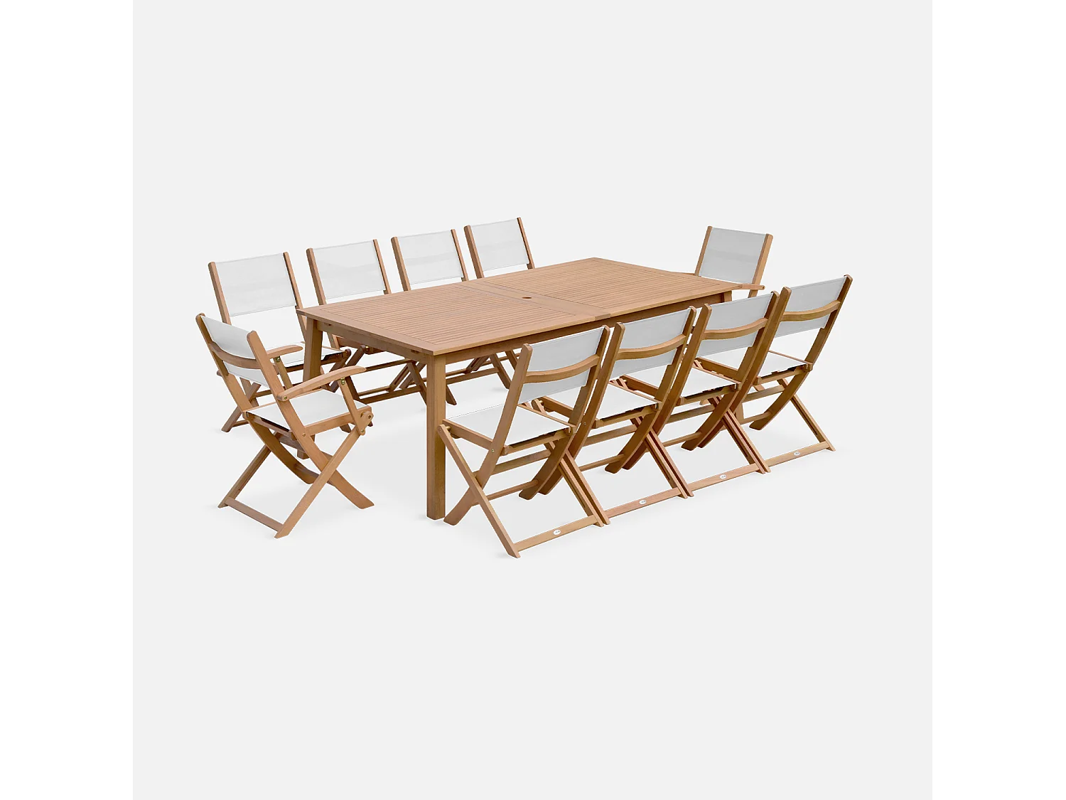 Set tavolo da giardino allungabile in legno con 10 sedie, marrone