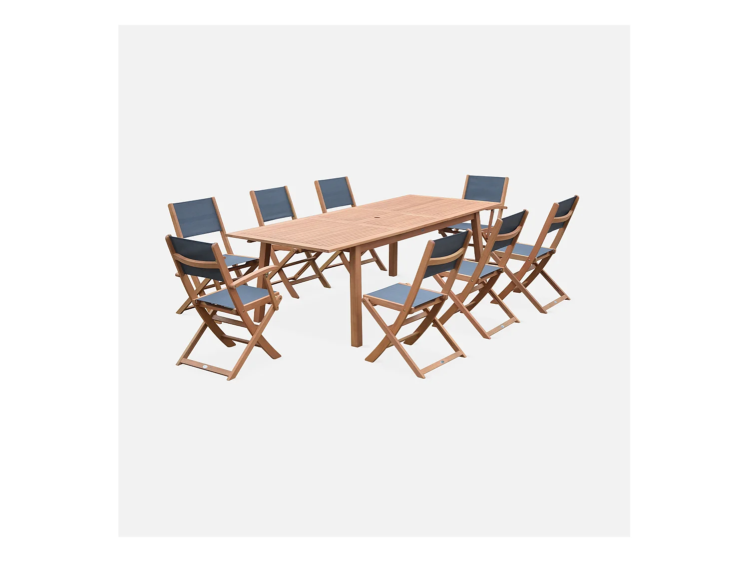 Table de jardin extensible bois d'eucalyptus + 8 assises. en bois d'Eucalyptus huilé et textilène gris anthracite