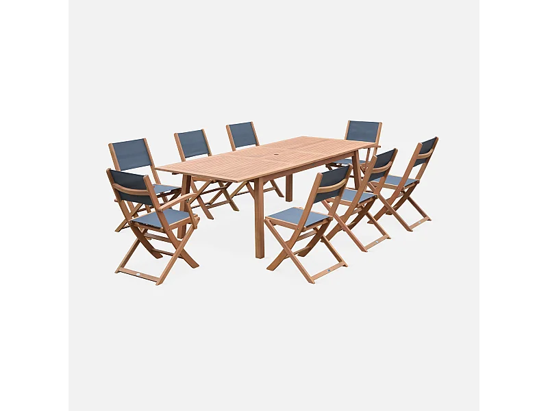 Mesa de jardín de madera extensible, 8 sillas madera