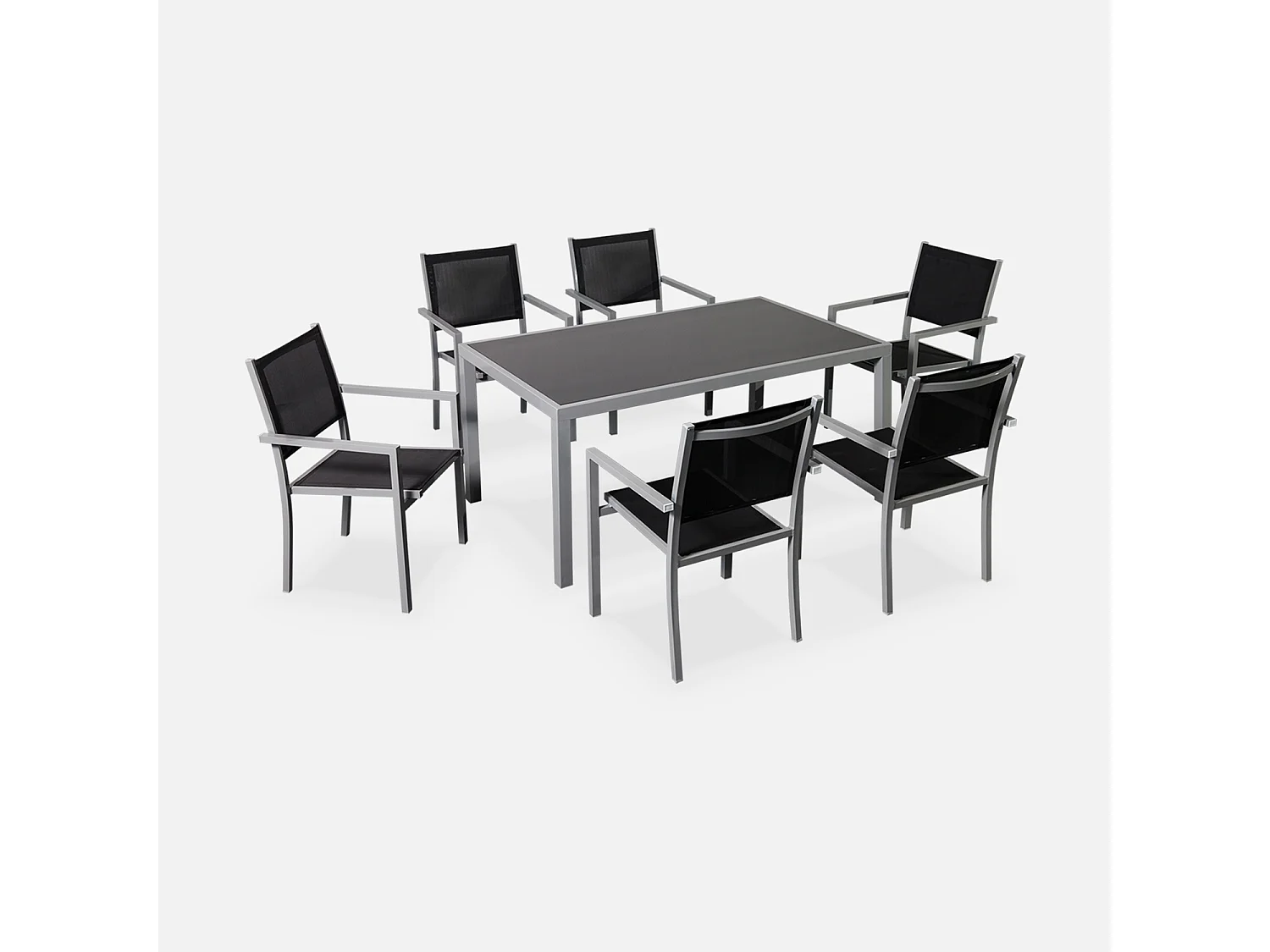 Mesa de jardín de aluminio, 6 sillas de textileno gris