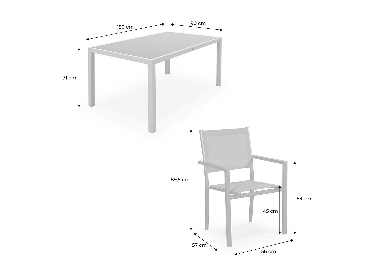 Mesa de jardín de aluminio, 6 sillas de textileno gris