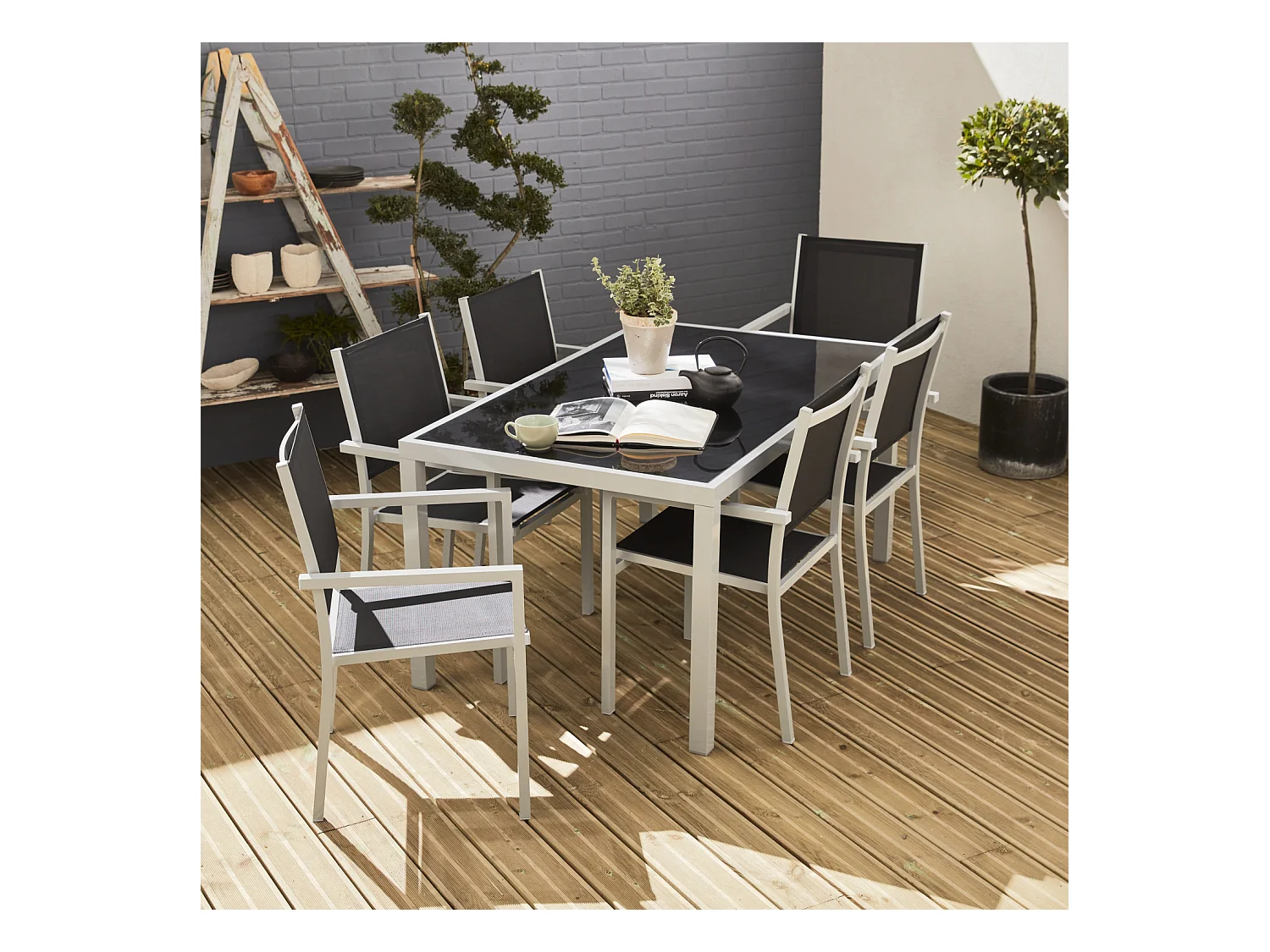 Mesa de jardín de aluminio, 6 sillas de textileno gris