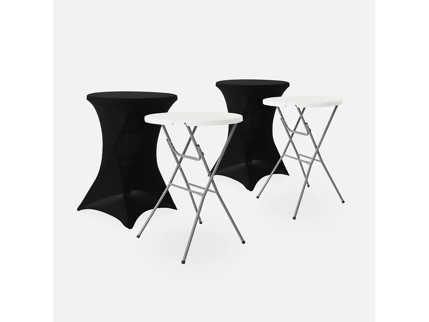 Lot de 2 tables hautes de réception – GALA – Mange debout. pliables. Ø80cm x 110cm +  2 housses en polyester. noires
