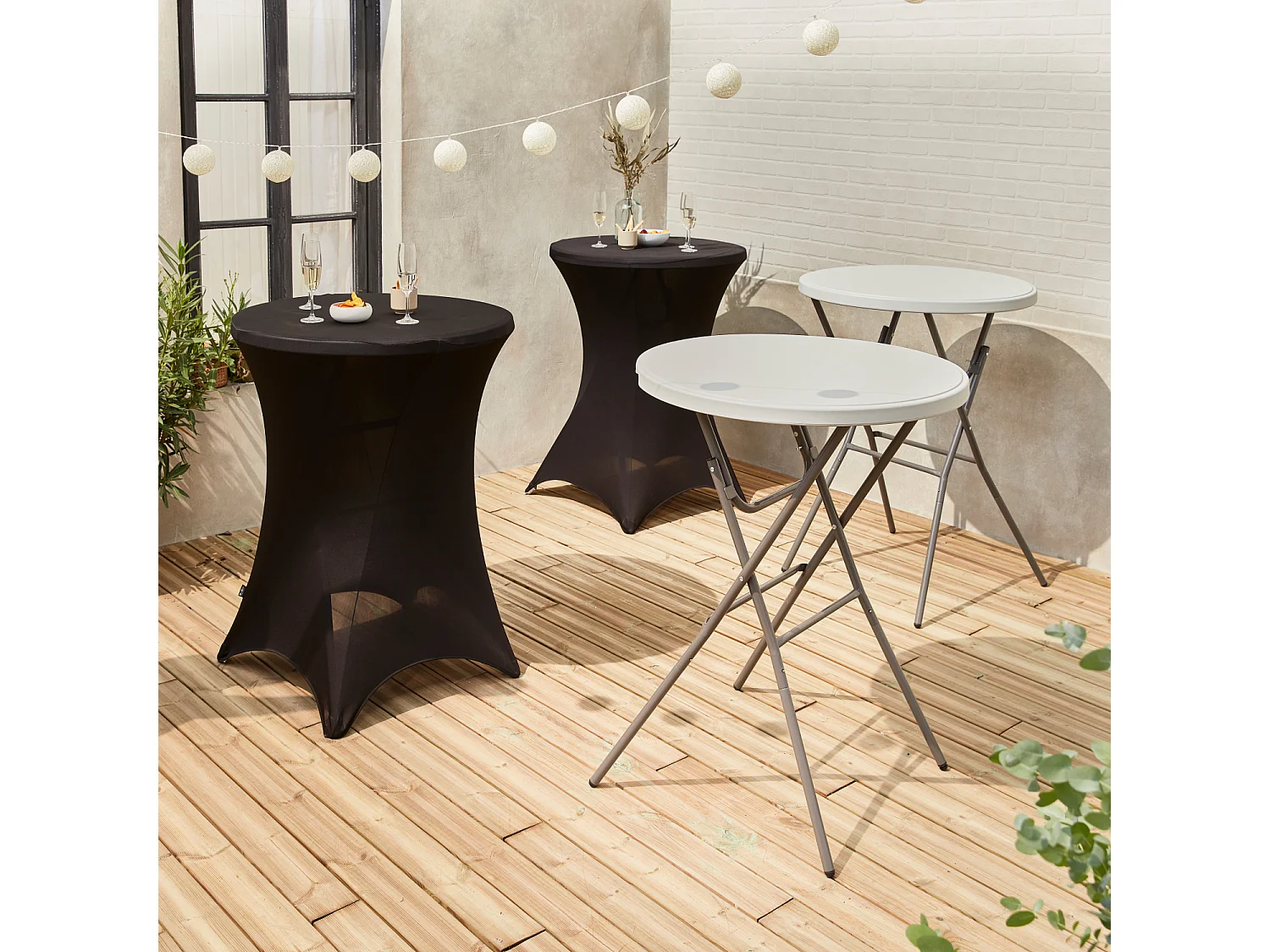 Lot de 2 tables hautes de réception – GALA – Mange debout. pliables. Ø80cm x 110cm +  2 housses en polyester. noires