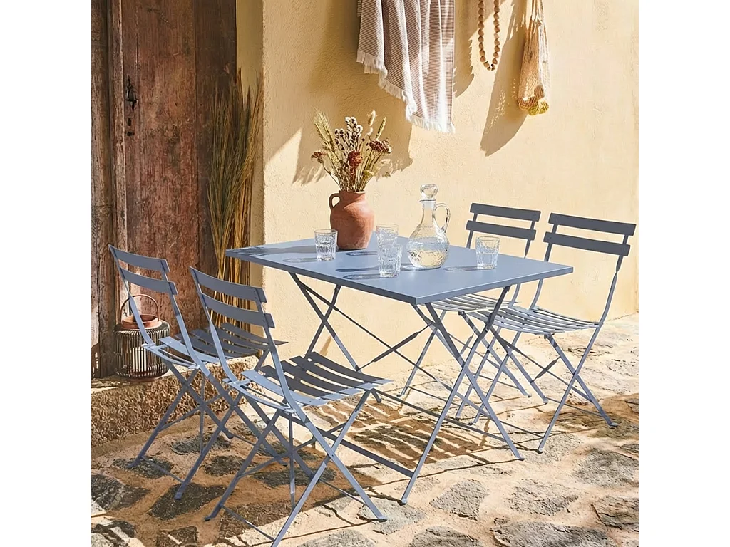 Table de jardin bistrot pliante métal + 4 assises 110 x 70cm. avec quatre chaises pliantes. acier thermolaqué