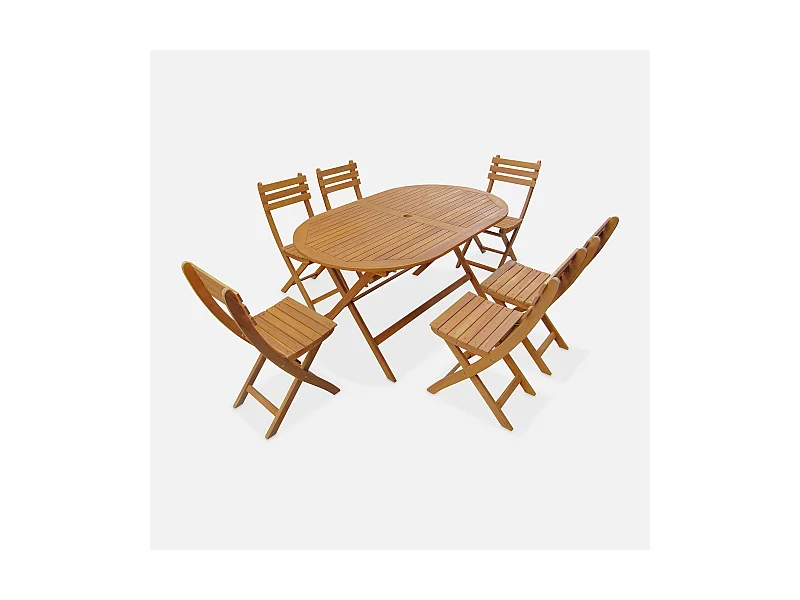 Table de jardin pliante bois d'acacia + 6 assises 150cm en bois d'acacia déjà huilé. forme ovale avec 6 chaises pliables