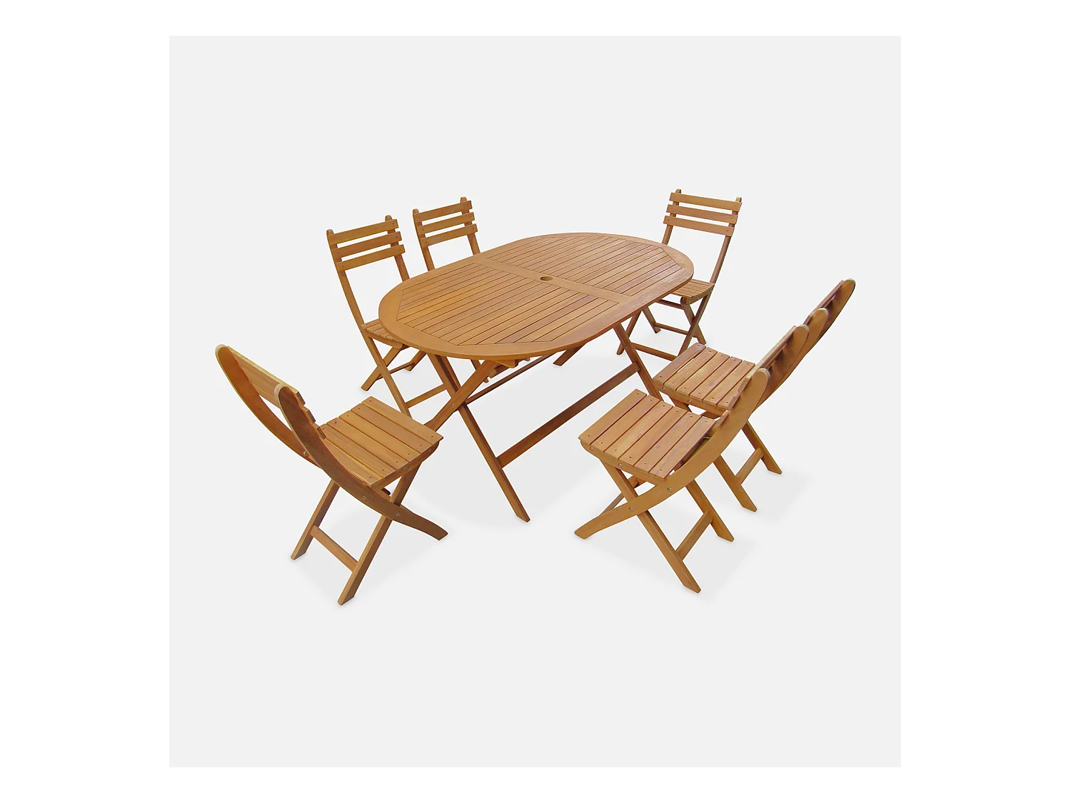 Table de jardin pliante bois d'acacia + 6 assises 150cm en bois d'acacia déjà huilé. forme ovale avec 6 chaises pliables