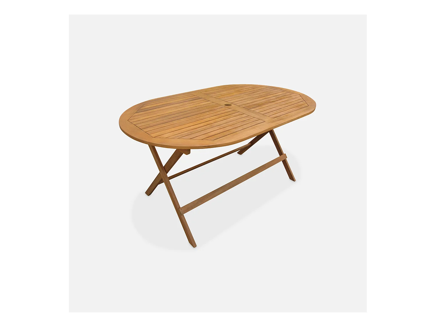 Table de jardin pliante bois d'acacia + 6 assises 150cm en bois d'acacia déjà huilé. forme ovale avec 6 chaises pliables