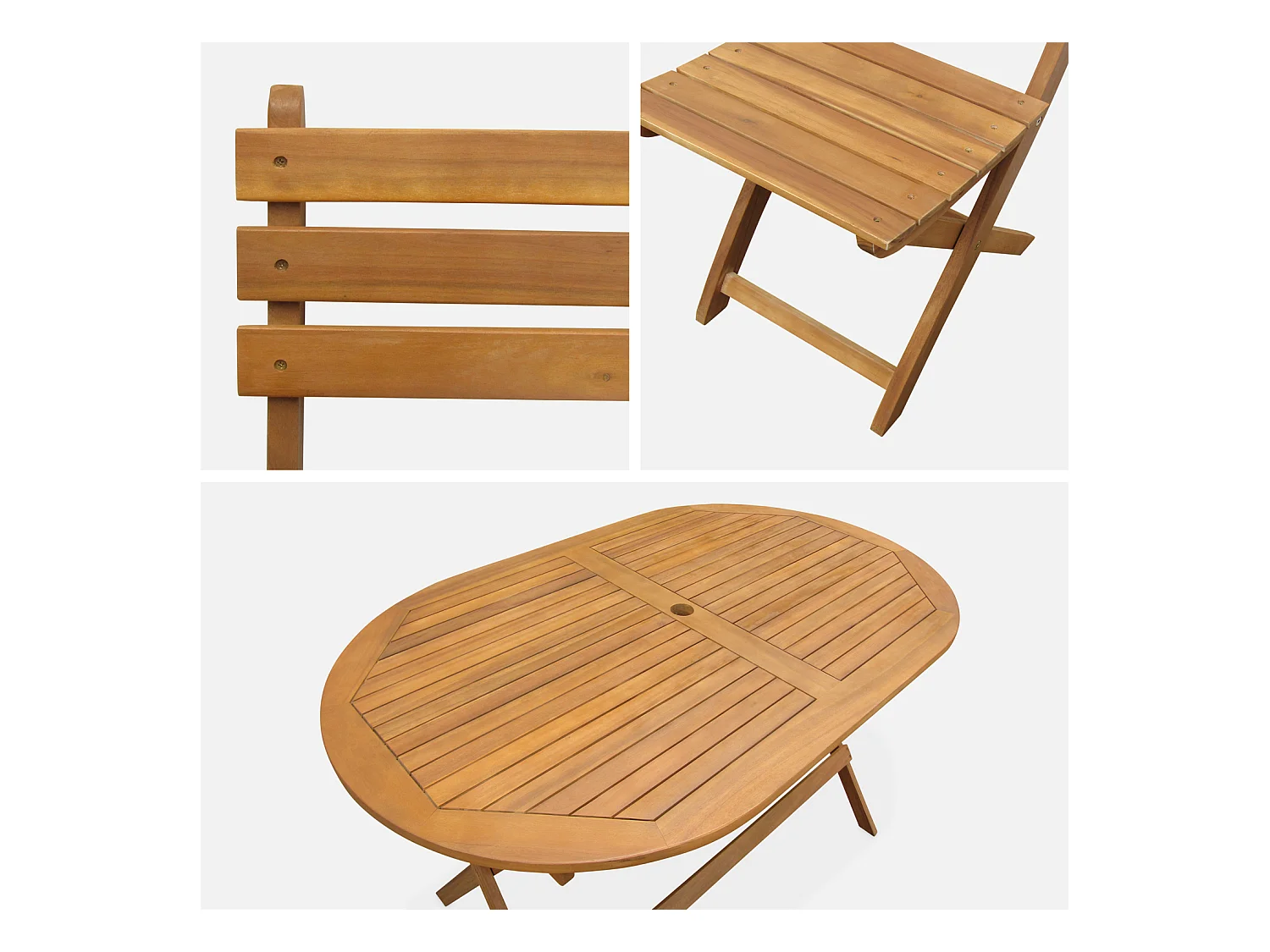 Table de jardin pliante bois d'acacia + 6 assises 150cm en bois d'acacia déjà huilé. forme ovale avec 6 chaises pliables
