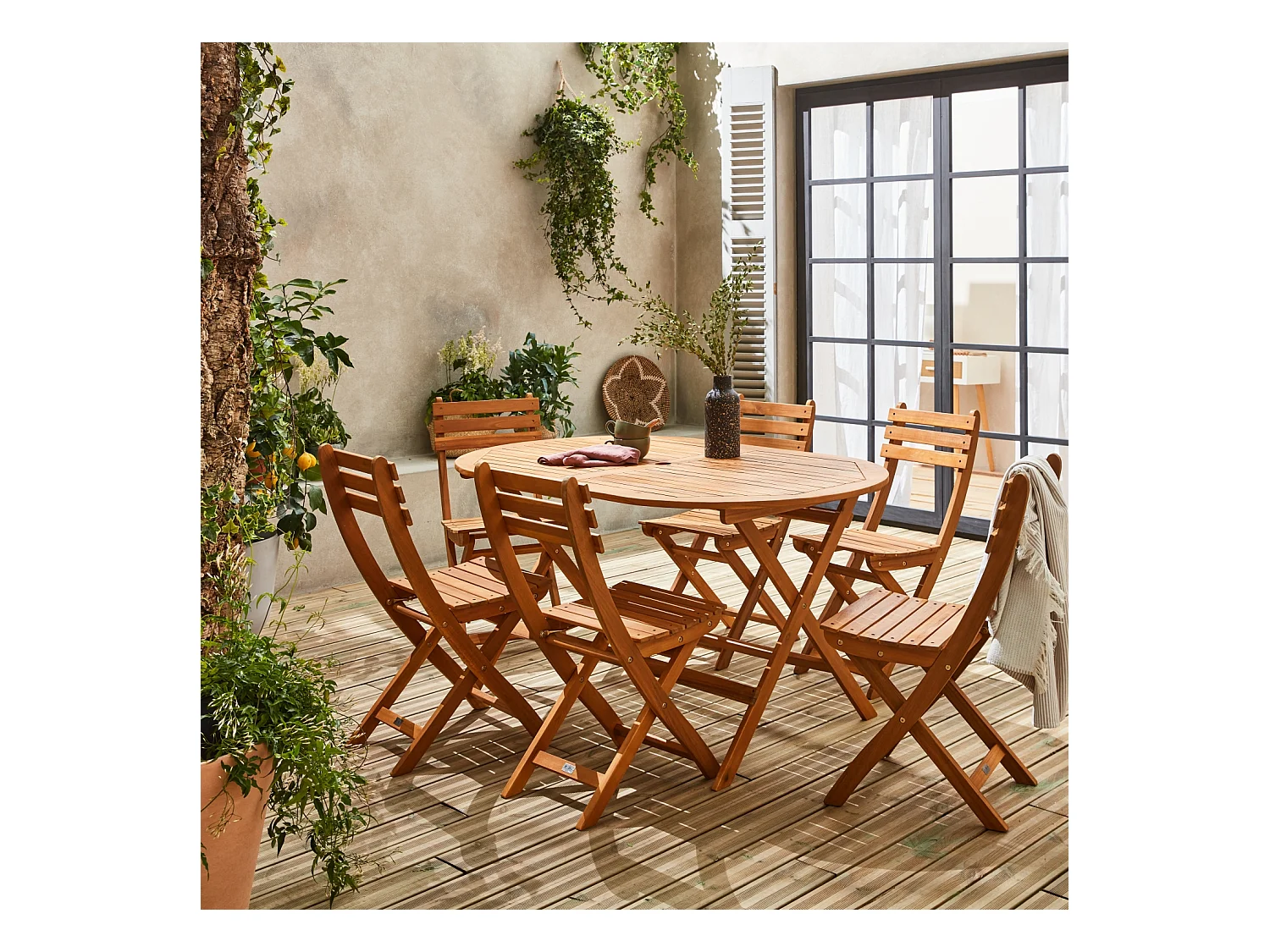 Table de jardin pliante bois d'acacia + 6 assises 150cm en bois d'acacia déjà huilé. forme ovale avec 6 chaises pliables