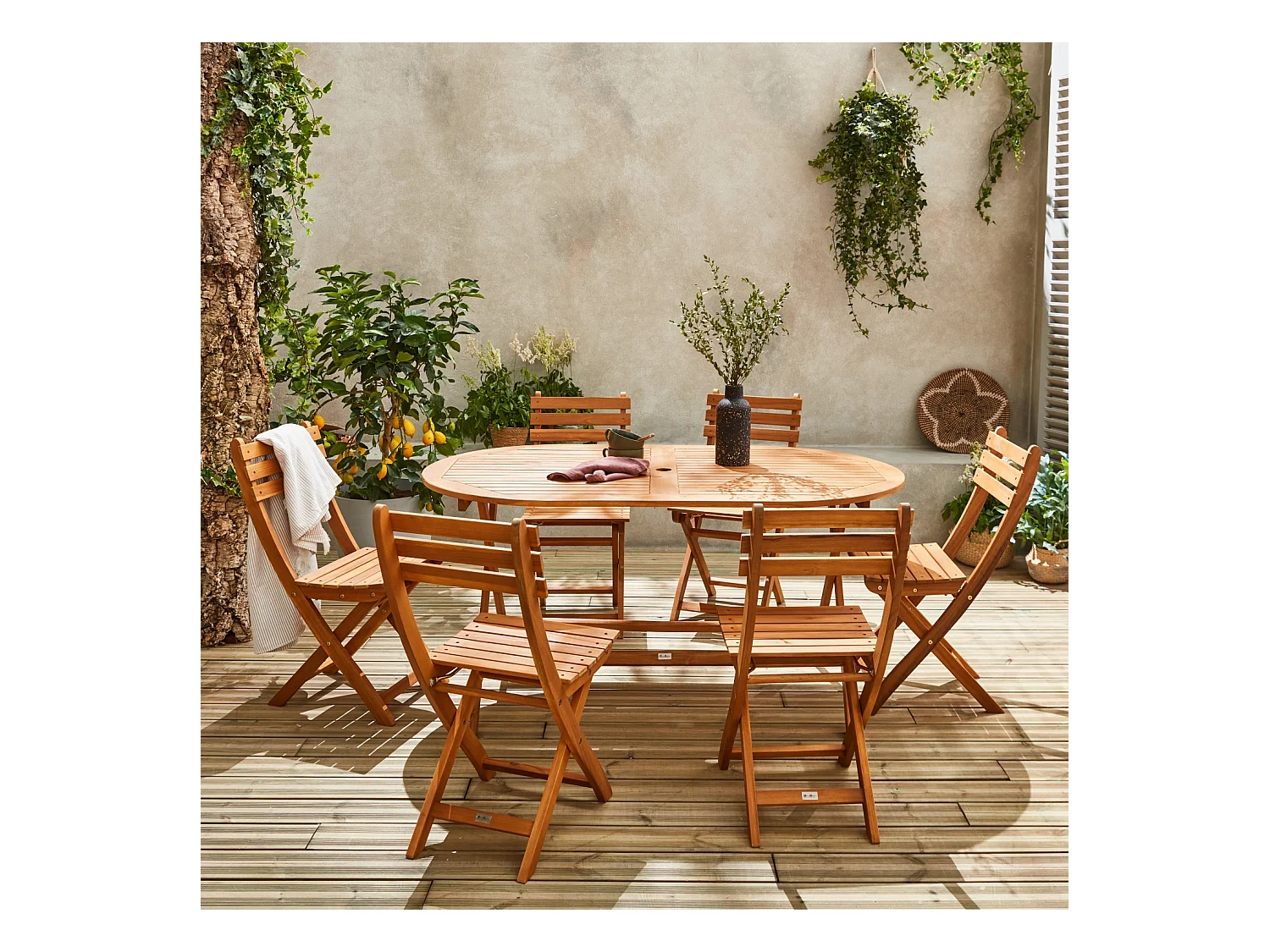 Table de jardin pliante bois d'acacia + 6 assises 150cm en bois d'acacia déjà huilé. forme ovale avec 6 chaises pliables