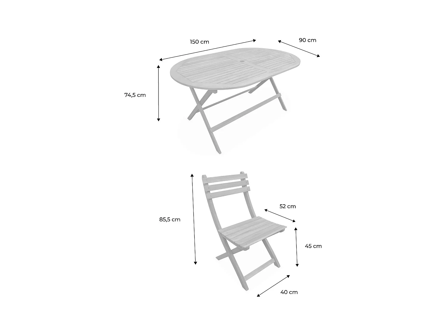 Table de jardin pliante bois d'acacia + 6 assises 150cm en bois d'acacia déjà huilé. forme ovale avec 6 chaises pliables