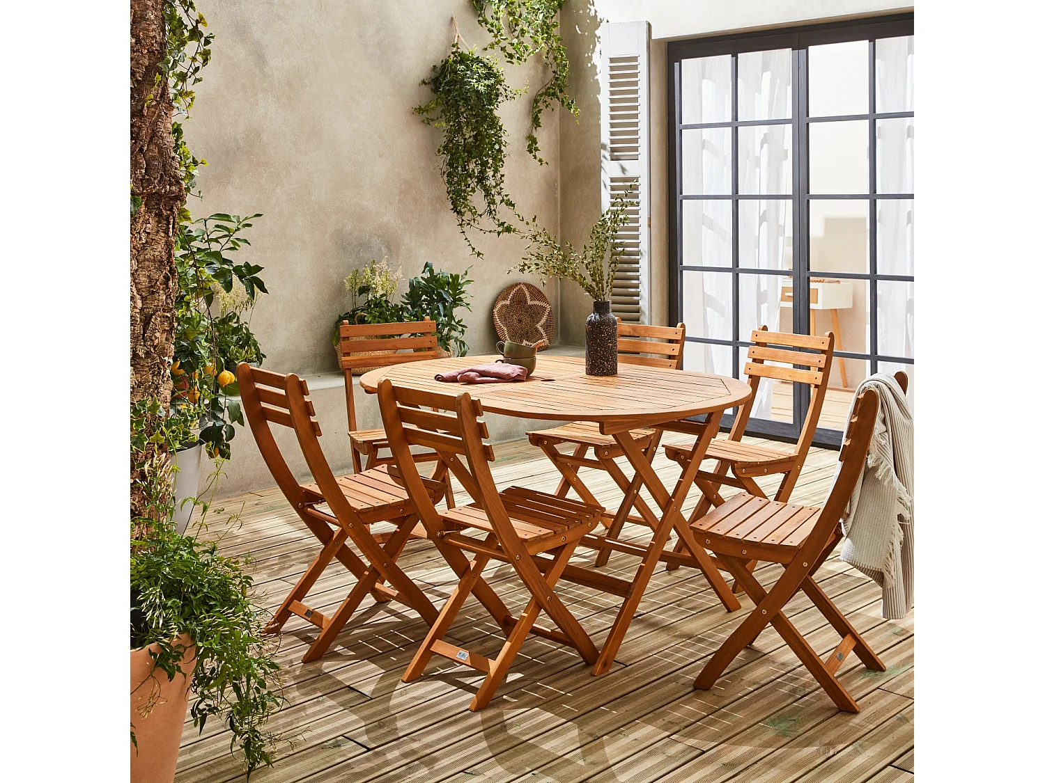 Mesa de jardín plegable de madera ovalada con 6 sillas madera