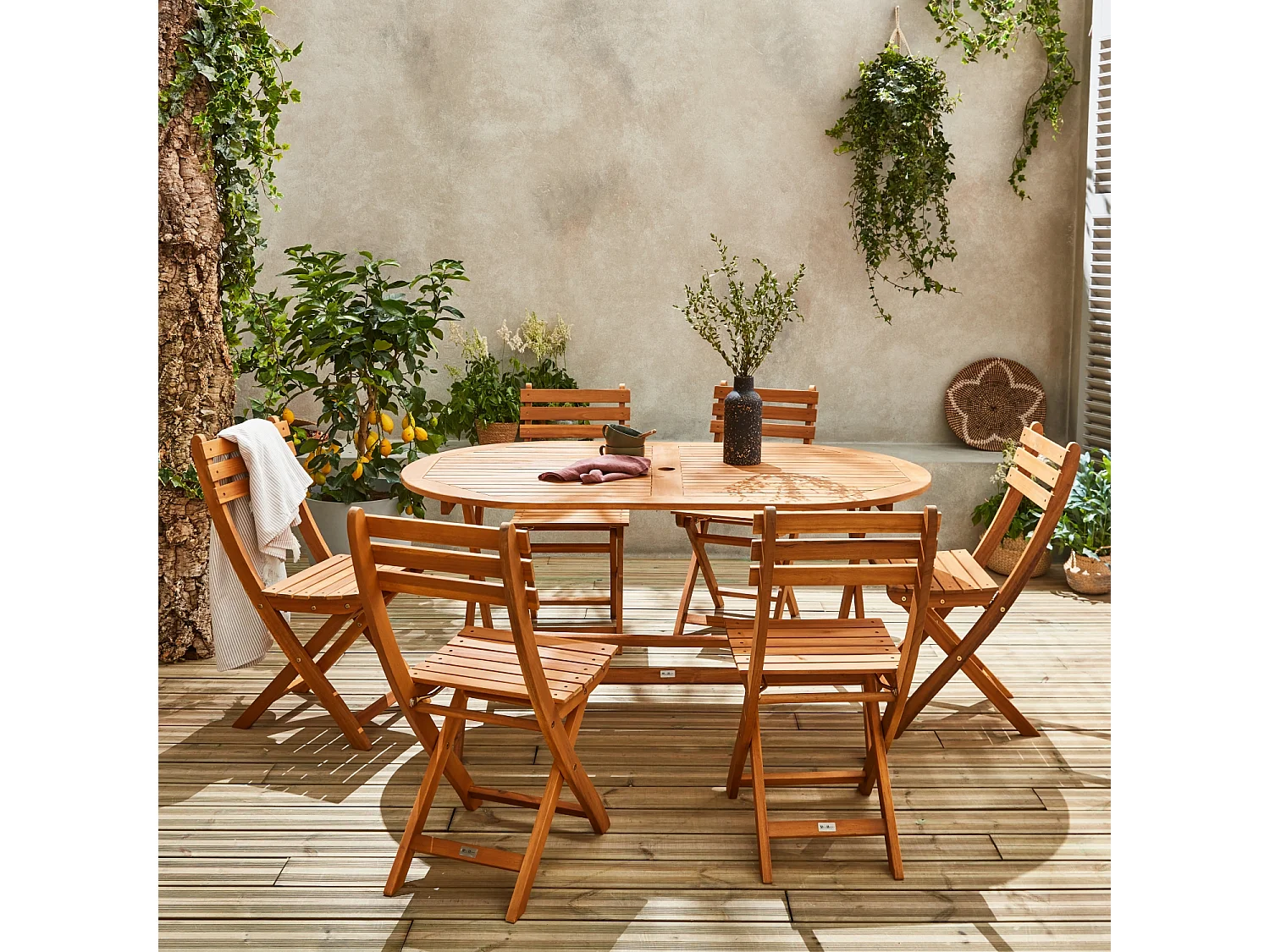 Mesa de jardín plegable de madera ovalada con 6 sillas madera