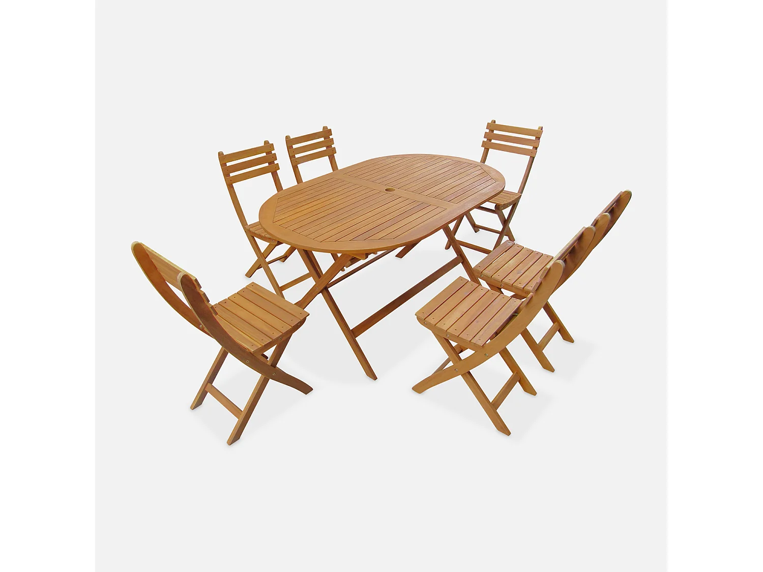 Table de jardin pliante bois d'acacia + 6 assises 150cm en bois d'acacia déjà huilé. forme ovale avec 6 chaises pliables