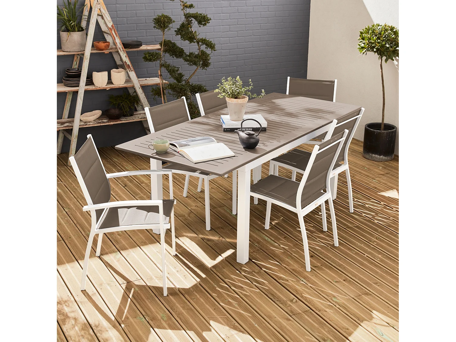 Mesa de jardín extensible de aluminio con 6 sillas, Blanco