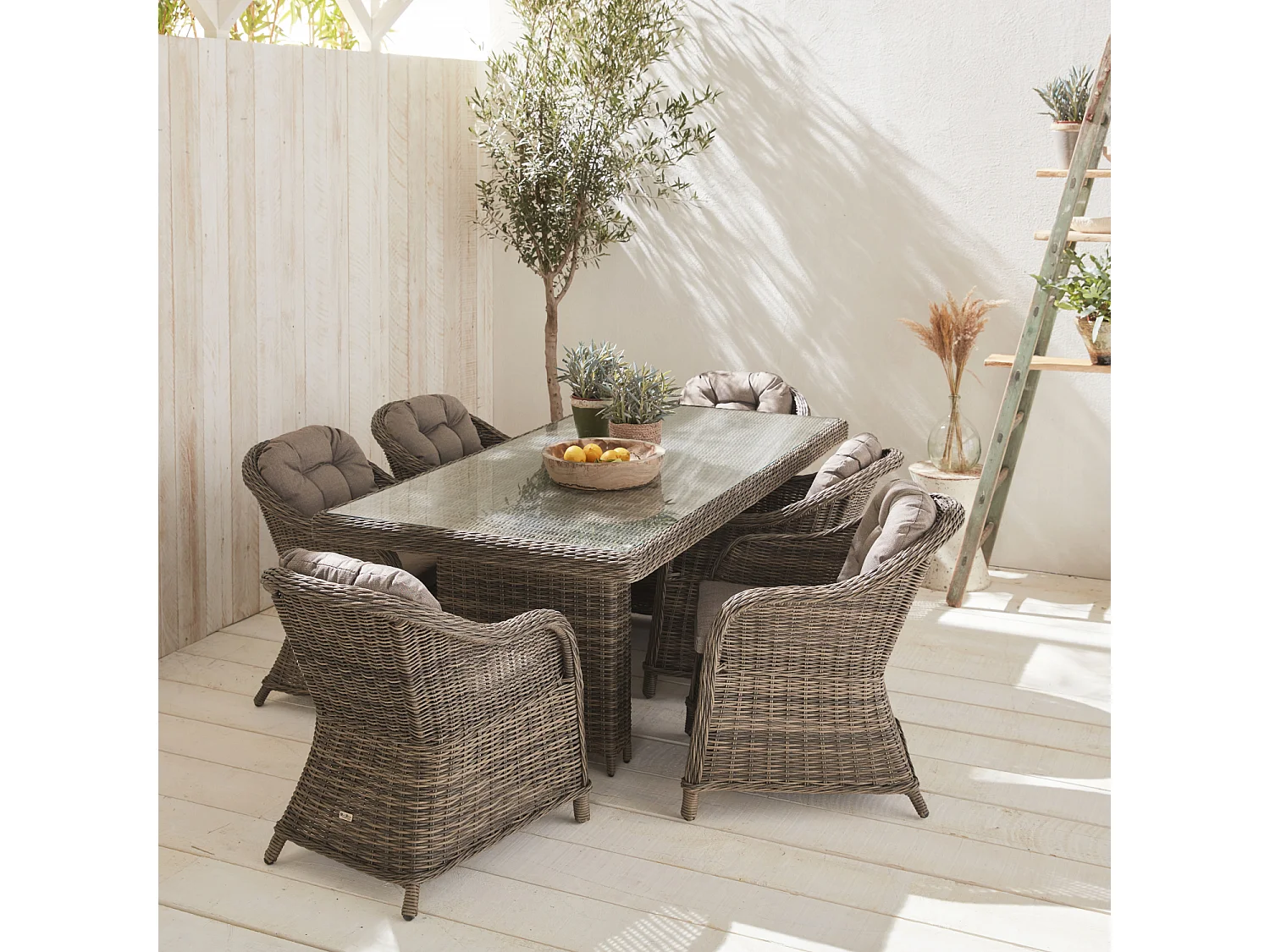 Set tavolo da giardino in resina arrotondata 6 posti, grigio