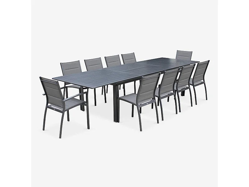 Table de jardin extensible aluminium + 10 assises - Odenton Anthracite - Grande table en aluminium 235/335cm avec rallonge et 10 assises en textilène