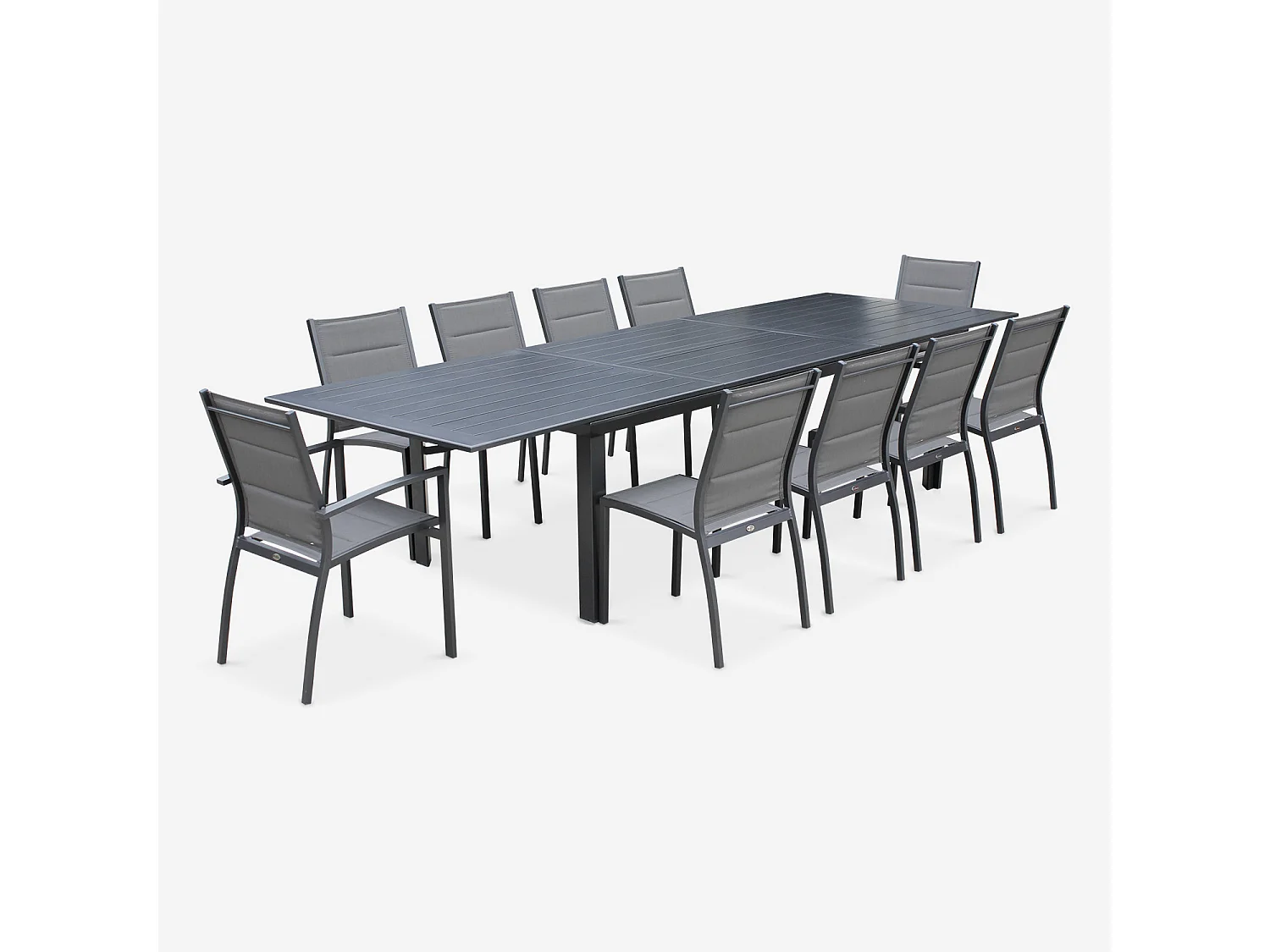 Table de jardin extensible aluminium + 10 assises - Odenton Anthracite - Grande table en aluminium 235/335cm avec rallonge et 10 assises en textilène