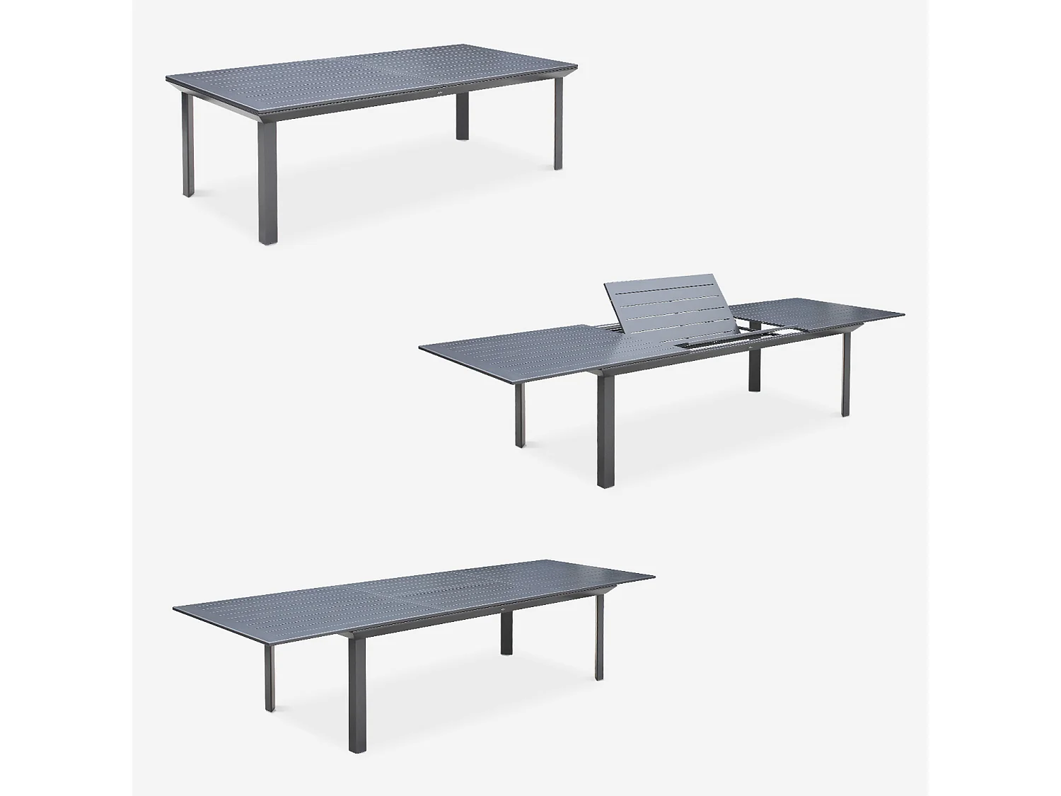 Table de jardin extensible aluminium + 10 assises - Odenton Anthracite - Grande table en aluminium 235/335cm avec rallonge et 10 assises en textilène
