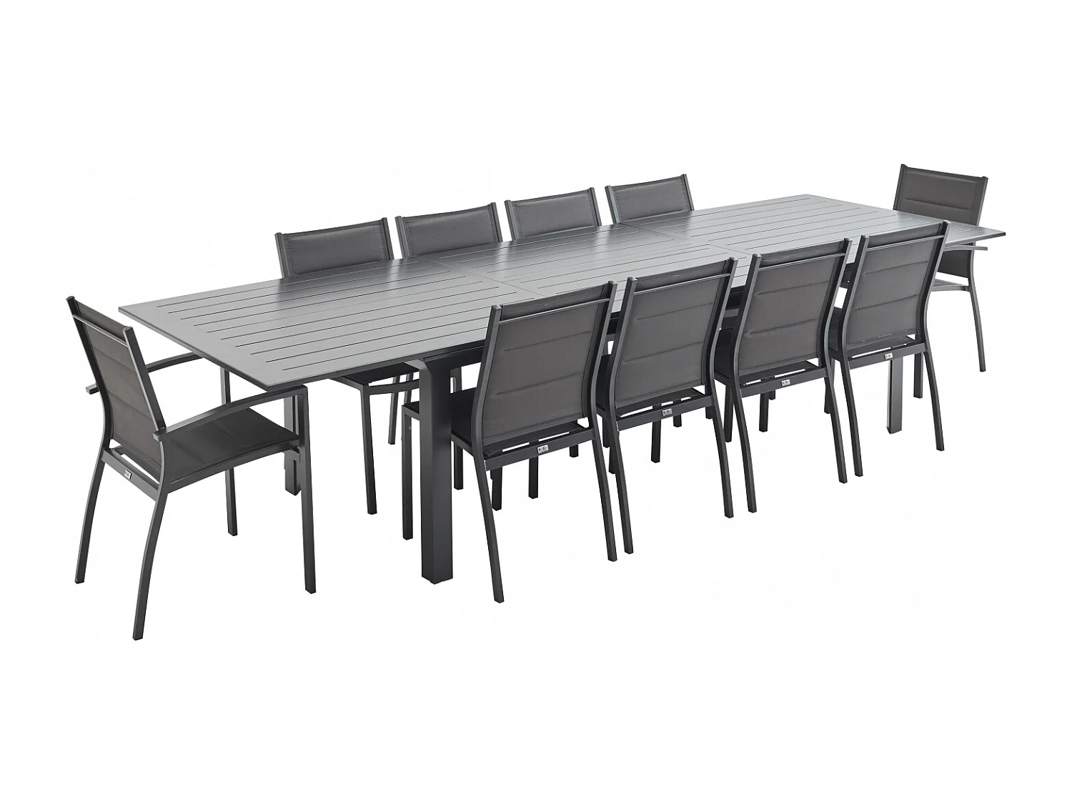 Table de jardin extensible aluminium + 10 assises - Odenton Anthracite - Grande table en aluminium 235/335cm avec rallonge et 10 assises en textilène