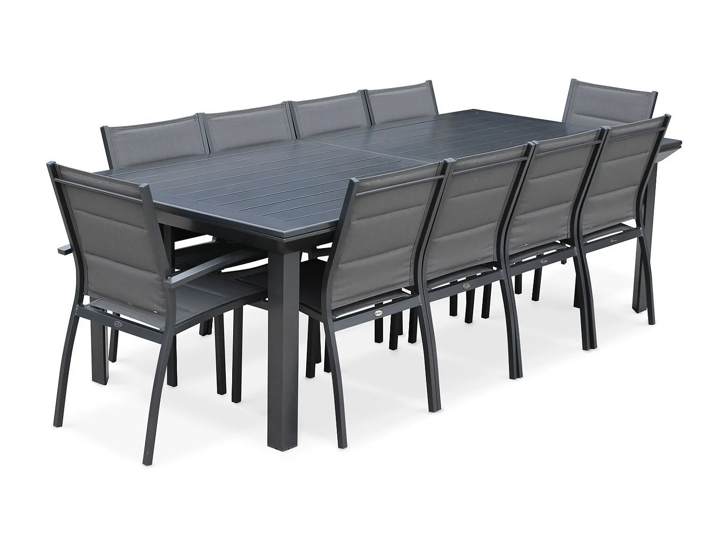 Table de jardin extensible aluminium + 10 assises - Odenton Anthracite - Grande table en aluminium 235/335cm avec rallonge et 10 assises en textilène