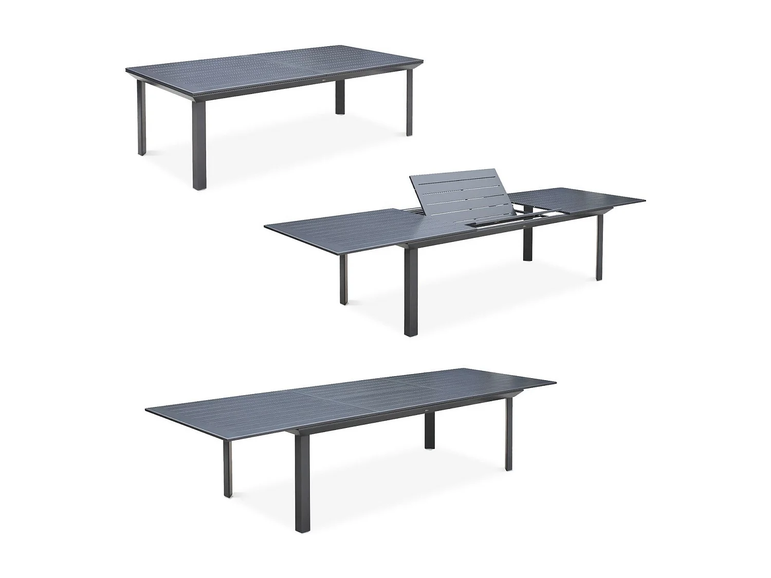Table de jardin extensible aluminium + 10 assises - Odenton Anthracite - Grande table en aluminium 235/335cm avec rallonge et 10 assises en textilène