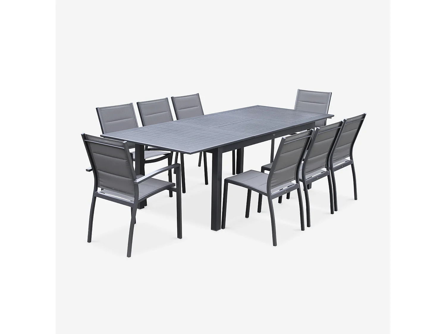 Table de jardin extensible aluminium + 8 assises - Chicago Anthracite/Gris taupe - Table en aluminium 175/245cm avec rallonge et 8 assises en textilène