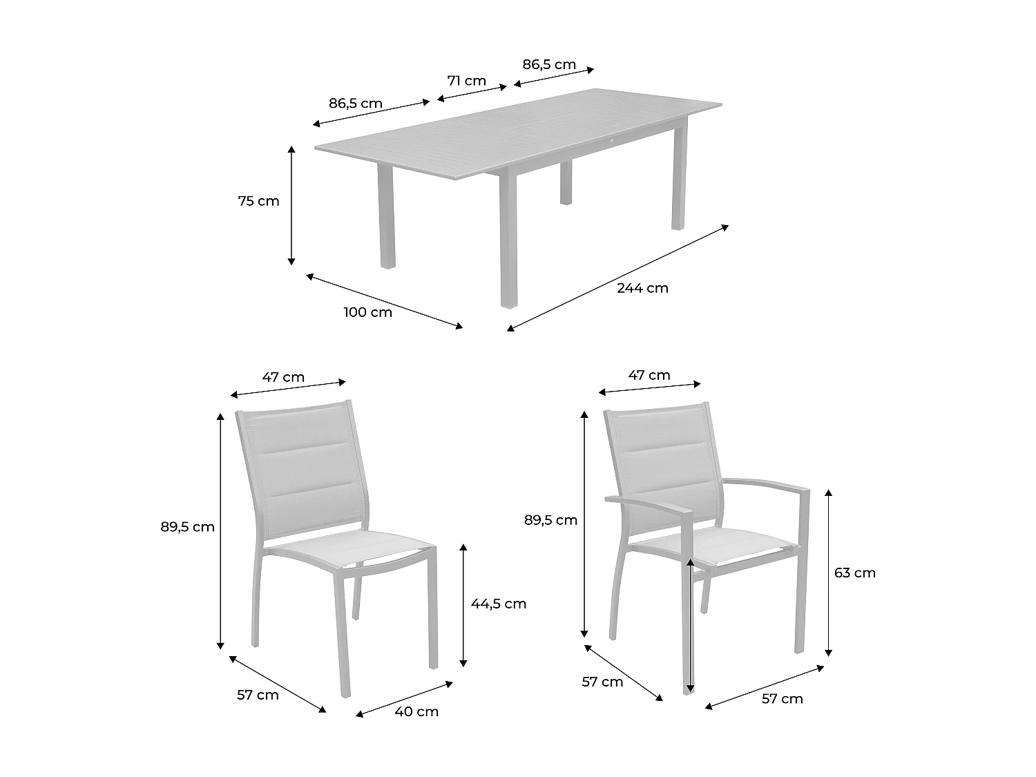 Table de jardin extensible aluminium + 8 assises - Chicago Anthracite/Gris taupe - Table en aluminium 175/245cm avec rallonge et 8 assises en textilène