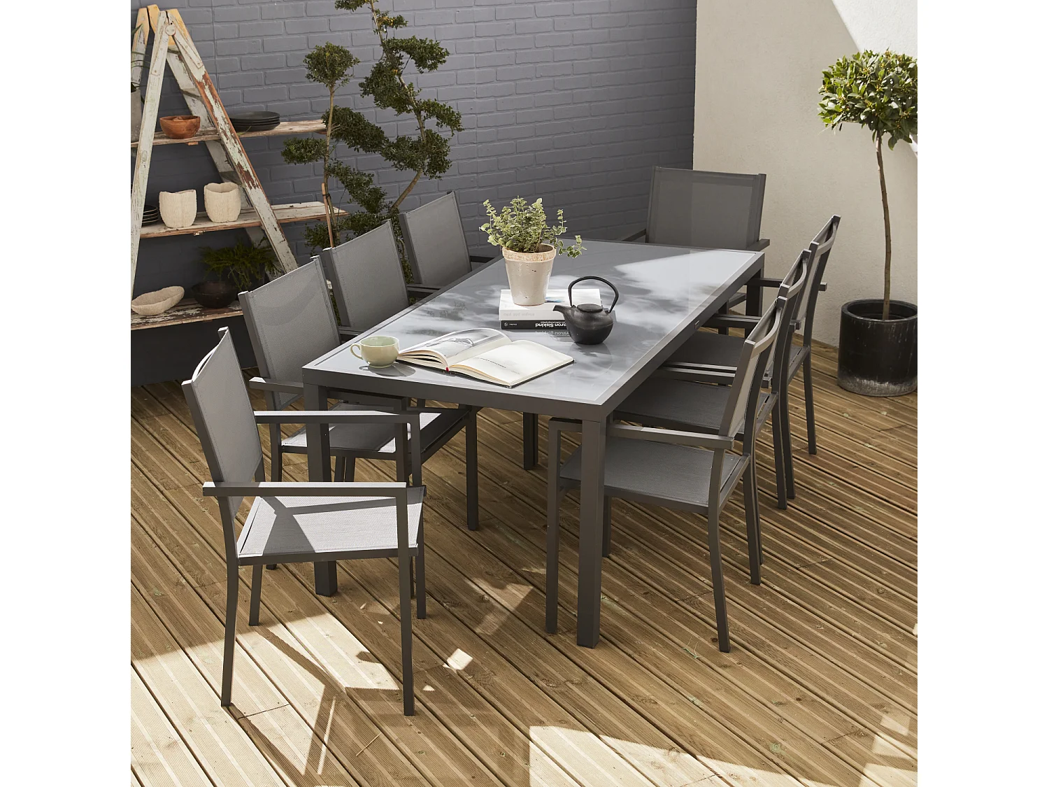 Mesa de jardín de aluminio, 8 sillas de textileno antracita