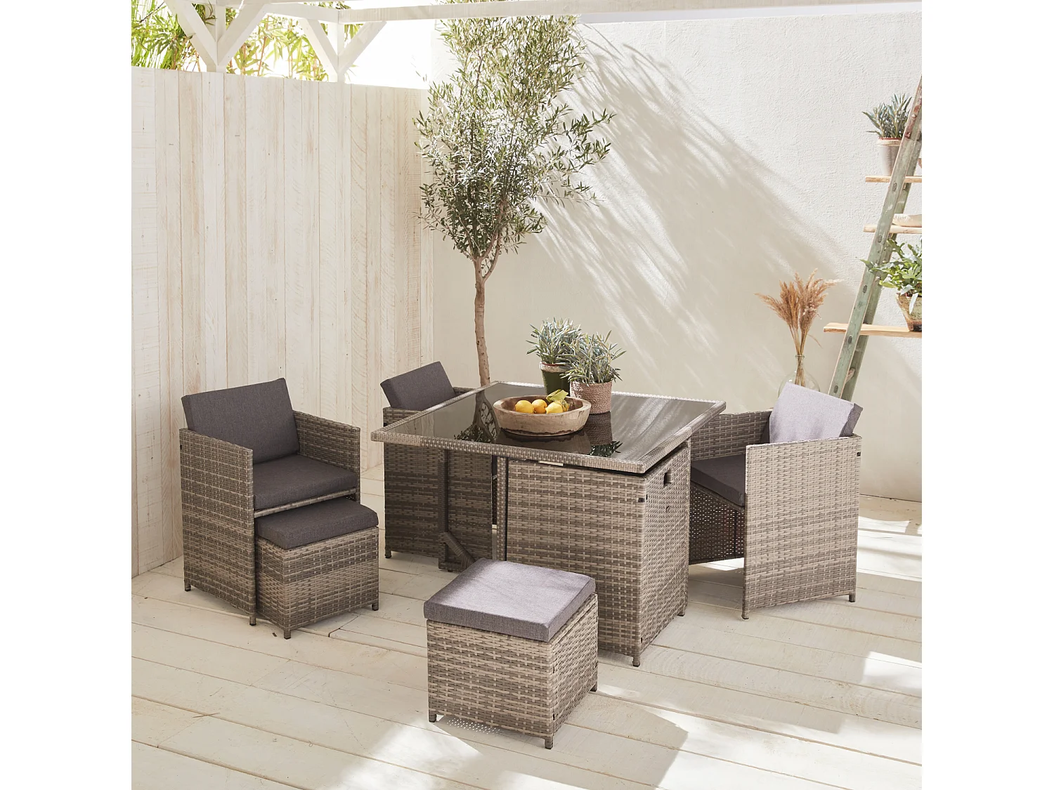 Conjunto mesa de jardín de resina, 8 plazas varios tonos de grises