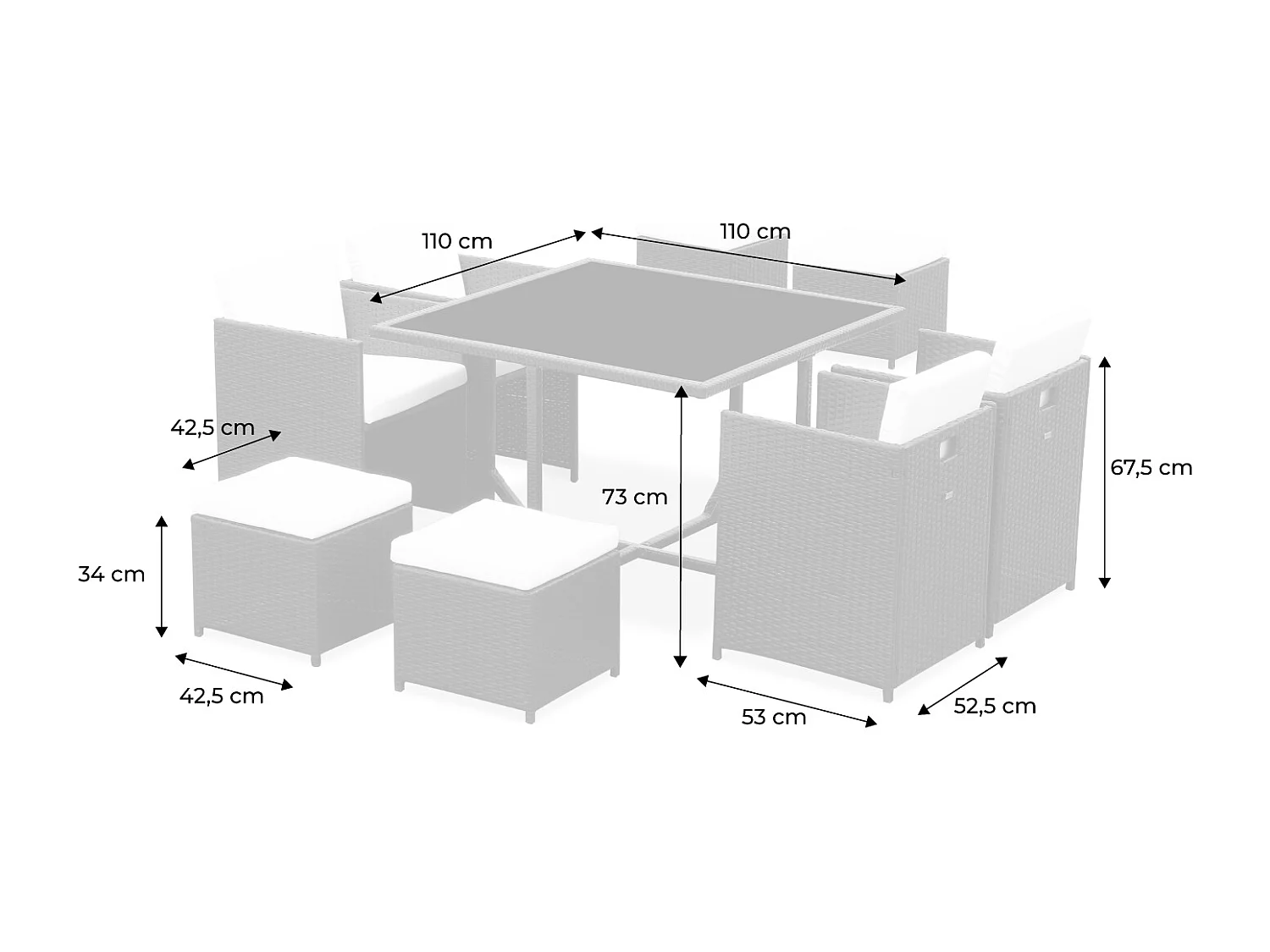 Conjunto mesa de jardín de resina, 8 plazas varios tonos de grises