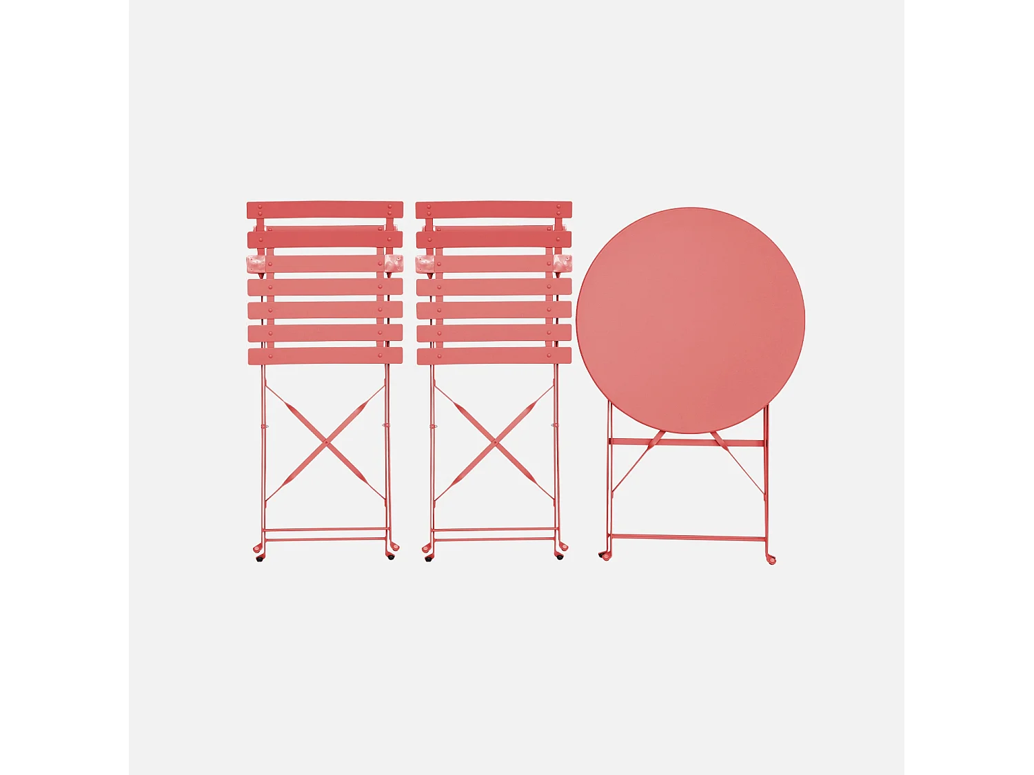 Table de jardin bistrot pliante métal + 2 assises terracotta Ø60 x 70cm. acier thermolaqué