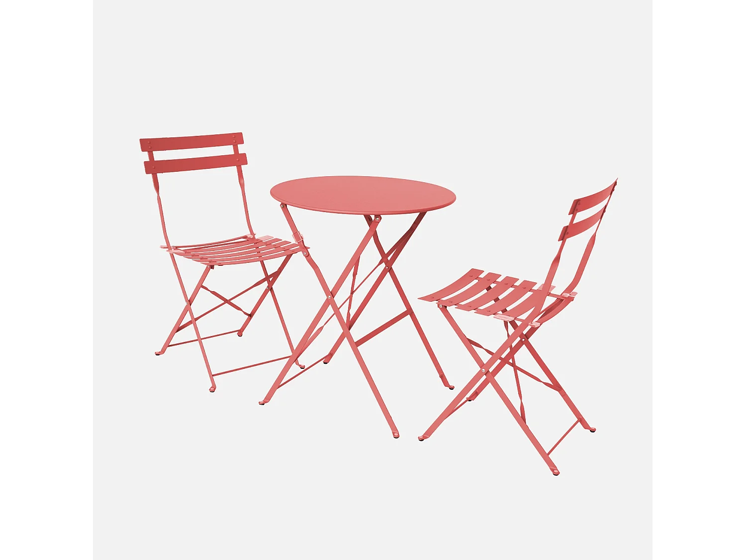 Table de jardin bistrot pliante métal + 2 assises terracotta Ø60 x 70cm. acier thermolaqué