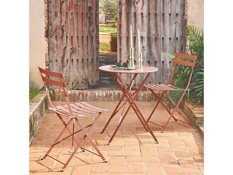 Table de jardin bistrot pliante métal + 2 assises terracotta Ø60 x 70cm. acier thermolaqué