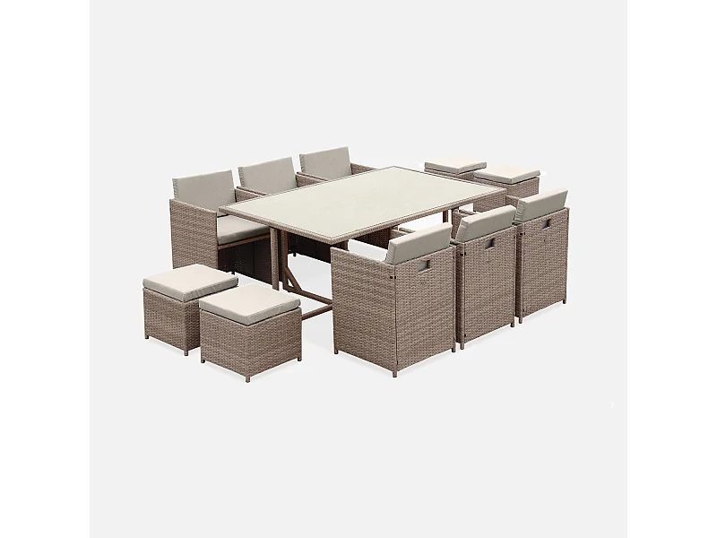 Set tavolo da giardino in resina intrecciata, 6-10 posti, beige