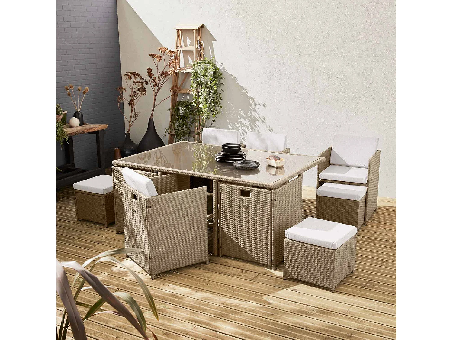 Set tavolo da giardino in resina intrecciata, 6-10 posti, beige