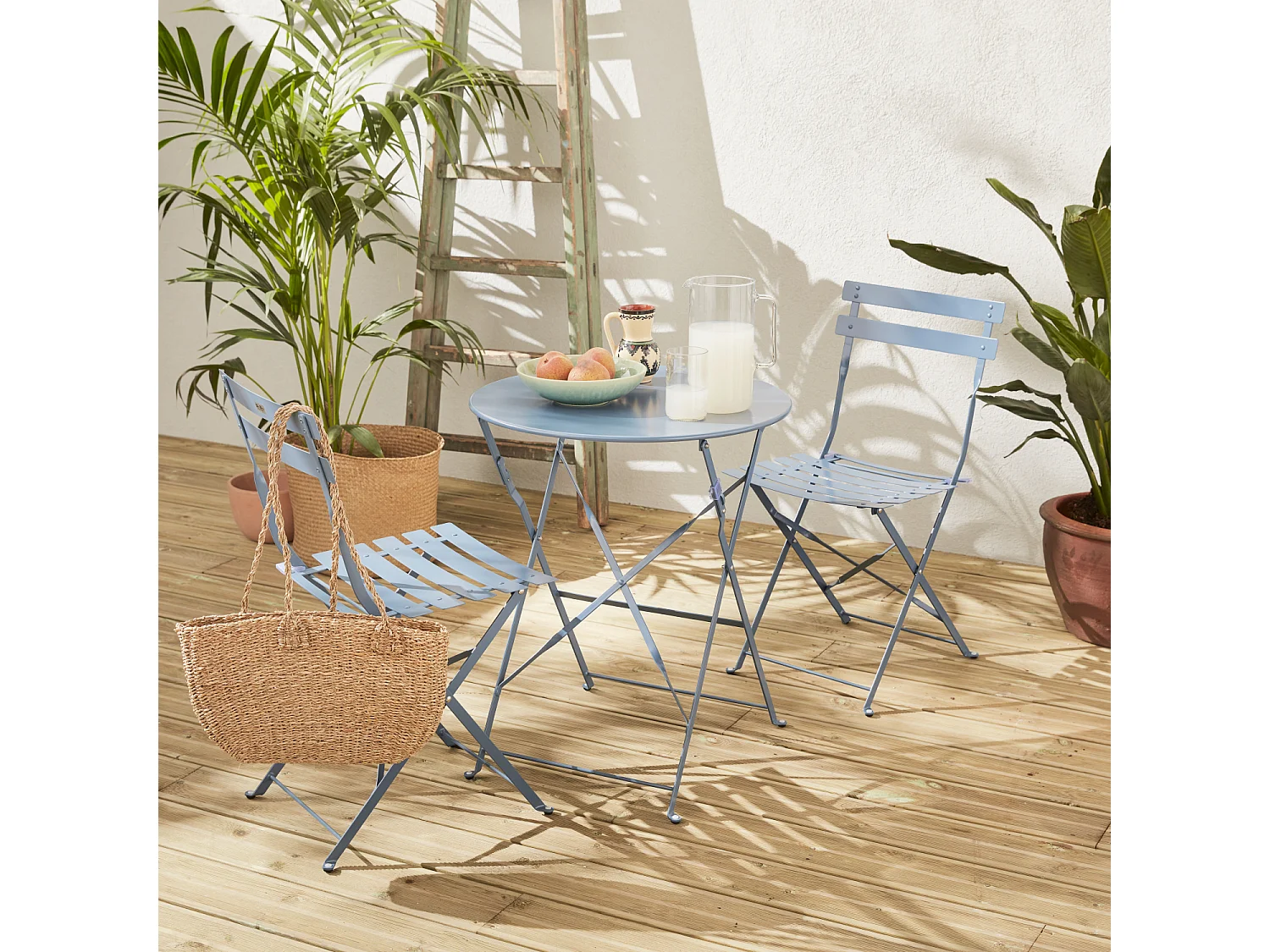 Mesa de jardín bistró plegable metal + 2 asientos azul gris