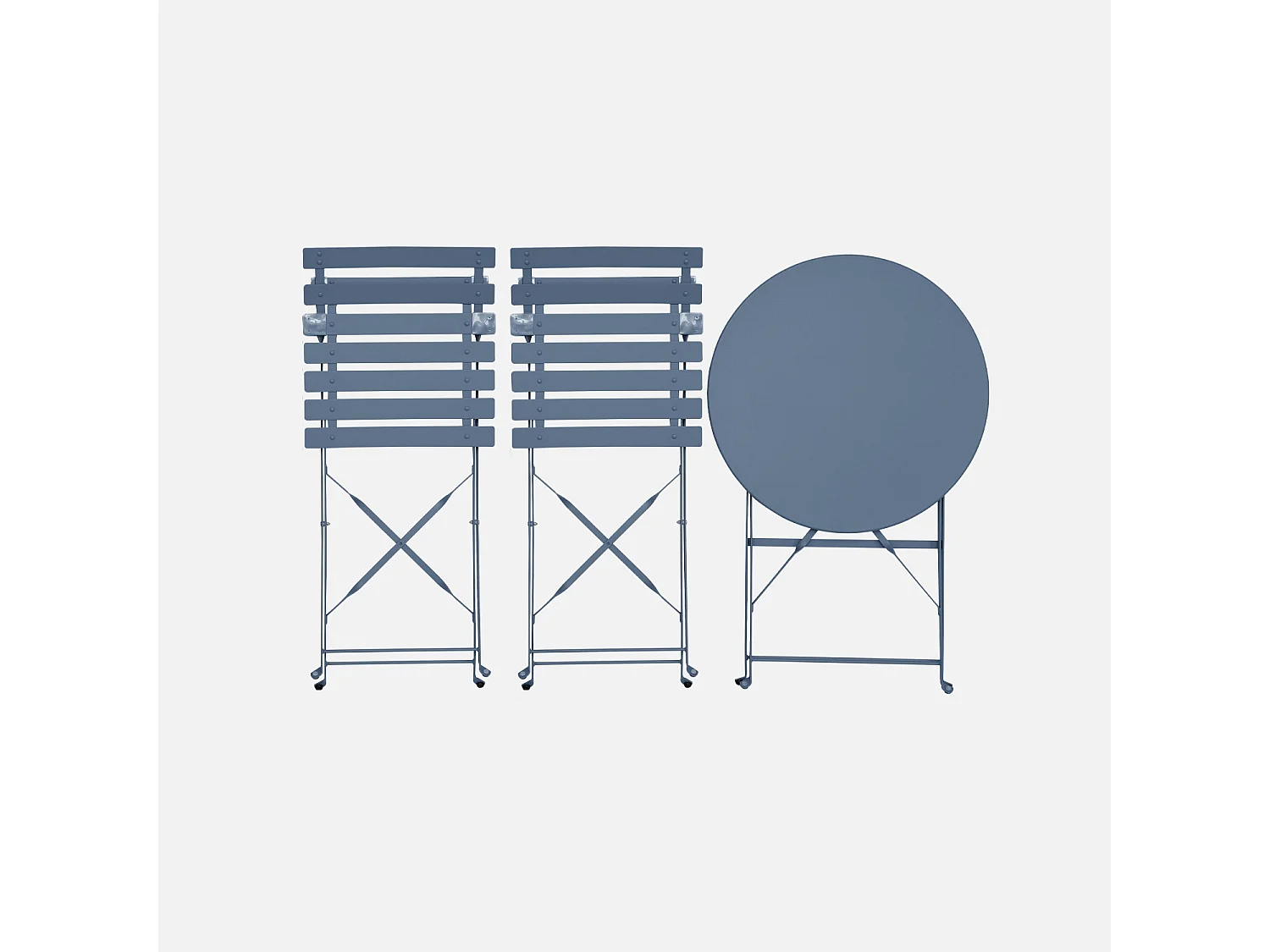 Table de jardin bistrot pliante métal + 2 assises bleu grisé Ø60 x 70cm. acier thermolaqué