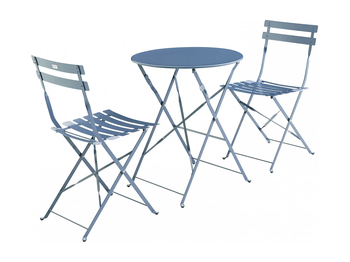 Table de jardin bistrot pliante métal + 2 assises bleu grisé Ø60 x 70cm. acier thermolaqué
