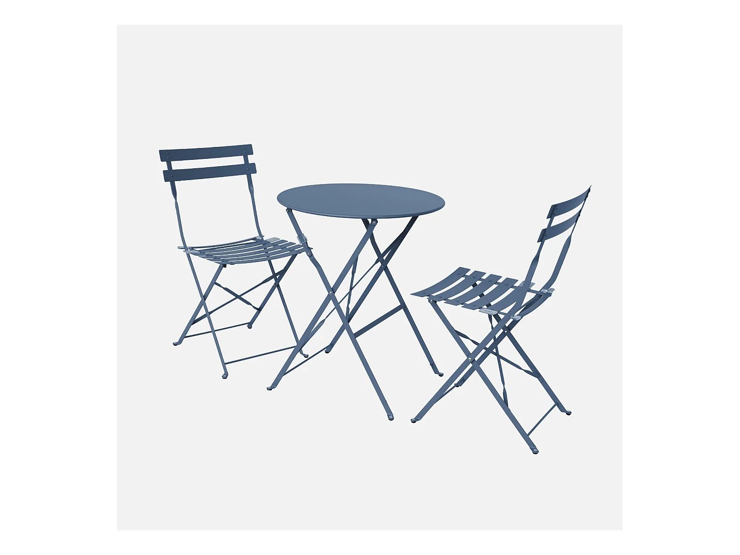 Table de jardin bistrot pliante métal + 2 assises bleu grisé Ø60 x 70cm. acier thermolaqué