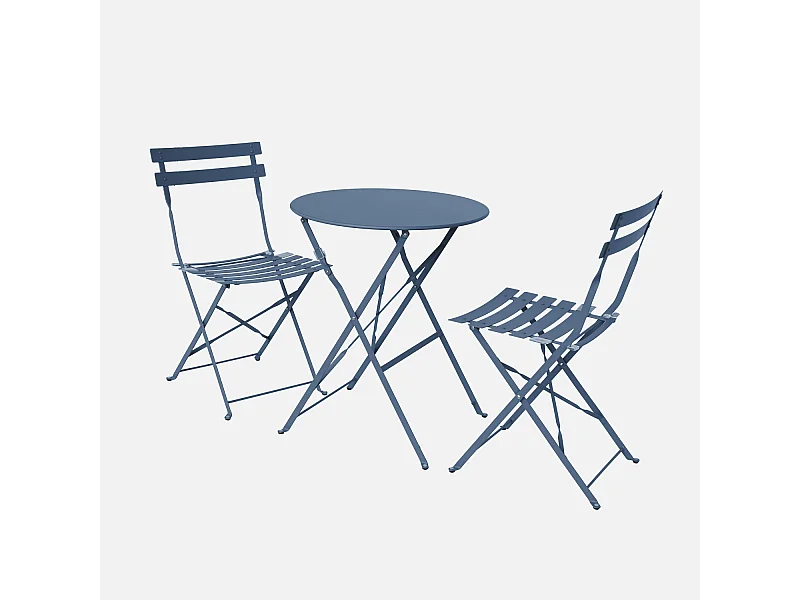 Table de jardin bistrot pliante métal + 2 assises bleu grisé Ø60 x 70cm. acier thermolaqué