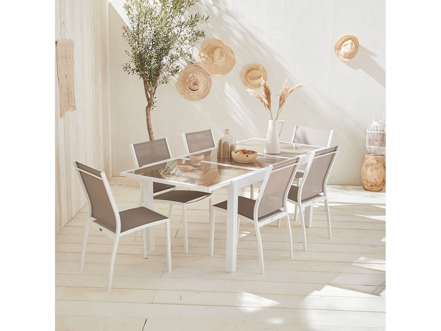 Mesa de jardín extensible de aluminio con 6 sillas blanco